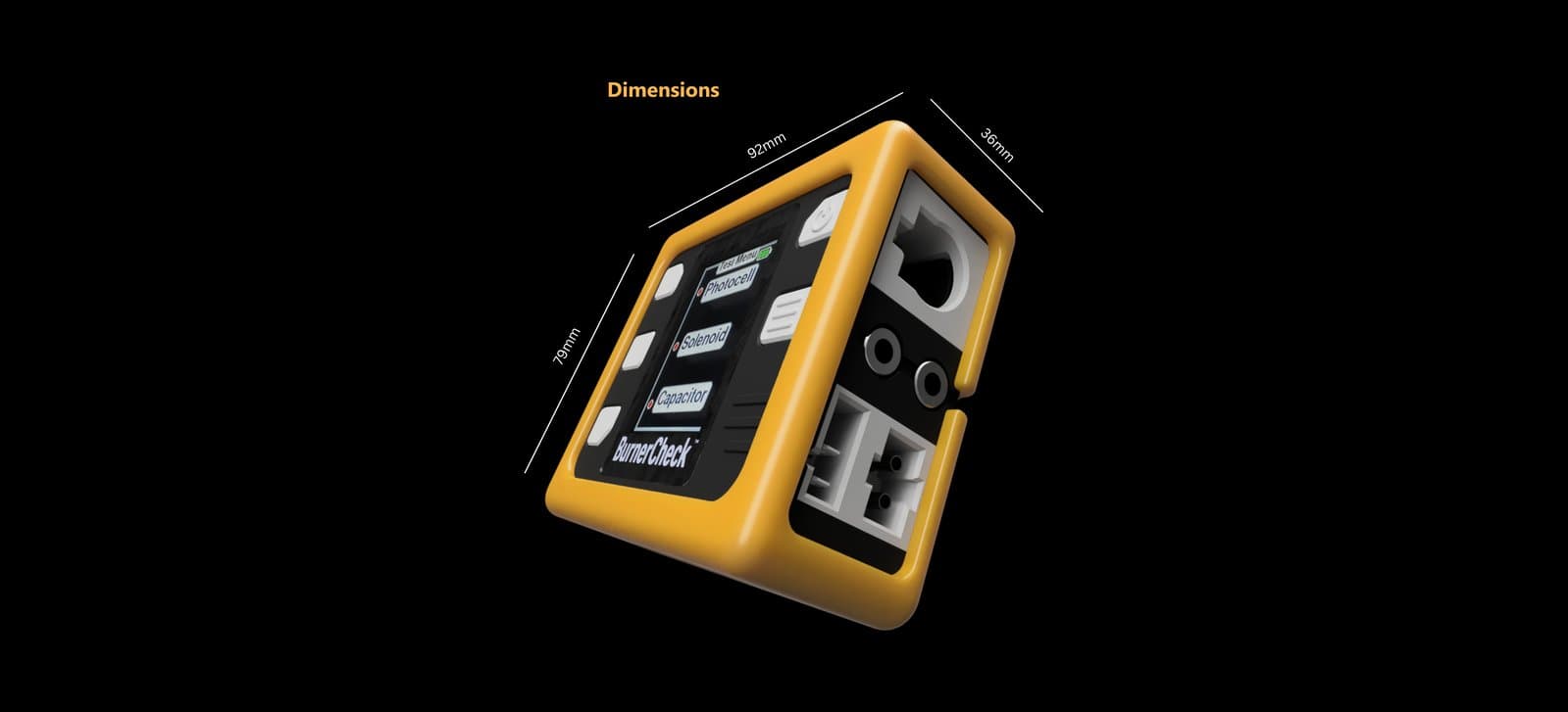 BurnerCheck V5 dimensions — 92 mm length, 79 mm width, 36 mm height